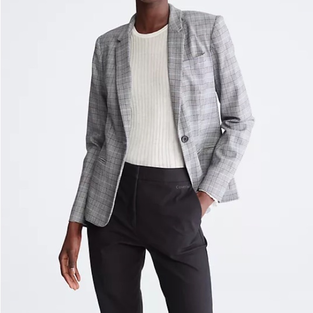 Calvin Klein Plaid Grey One‎ Button Blazer Sz 12